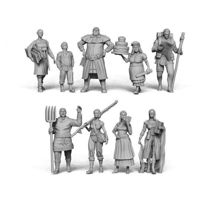 
9pc Townsfolk DnD Set Fantasy Tavern NPC Miniatures 28mm 32mm Scale TTRPG Storytelling miniature figurines DnD Scatter D&D Pathfinder Party