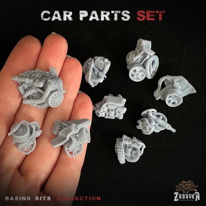 
9pc Car Parts - Basing Bits 28mm/32mm Scrapyard TTRPG Basing Materials Junkyard Mechanical Scrap Exhaust Engine Miniatures Junk ScatterZbW