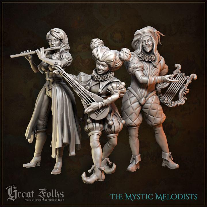 
3pc The Mystic Melodists DnD Dungeons and Dragons 28mm/32mm TTRPG Wargame NPCs Musician Band Figurines for your Village Entertainment Circus