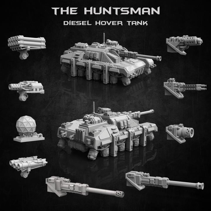 
The Huntsman (Diesel Hover Tank) - Dieselpunk Collection | 28mm/32mm TTRPG Modular Sci-fi Wargame Vehicle Scatter 28MM Scale shown
