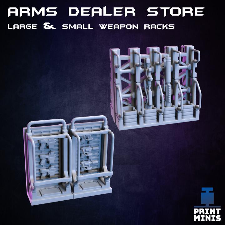 
The Arms Dealer Store 28mm/32mm Weapons Merchant TTRPG Wargame Terrain Kit Night Market Collection Basing bits Scifi Gun Shop Scenery