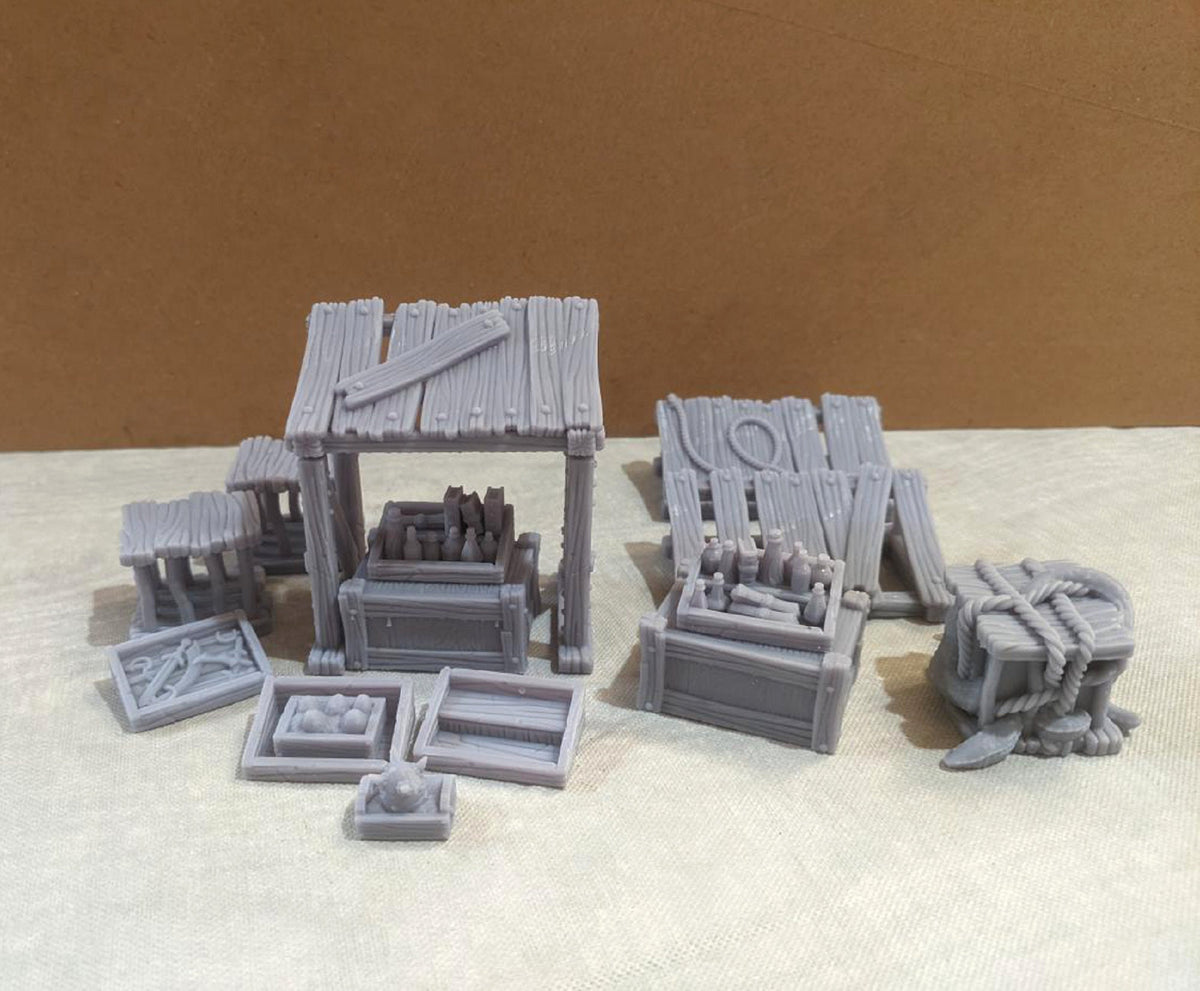 
16pc Black Market Set, Market Stalls DnD, Dungeons and Dragons, 28mm Terrain, 32mm Miniatures