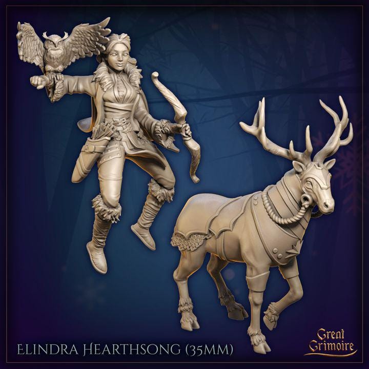 
Elindra Hearthsong Miniature for Dungeons and Dragons 28mm/32mm TTRPG Owl Female NPC and Christmas Deer Miniature Arctic Snow campaign - GG