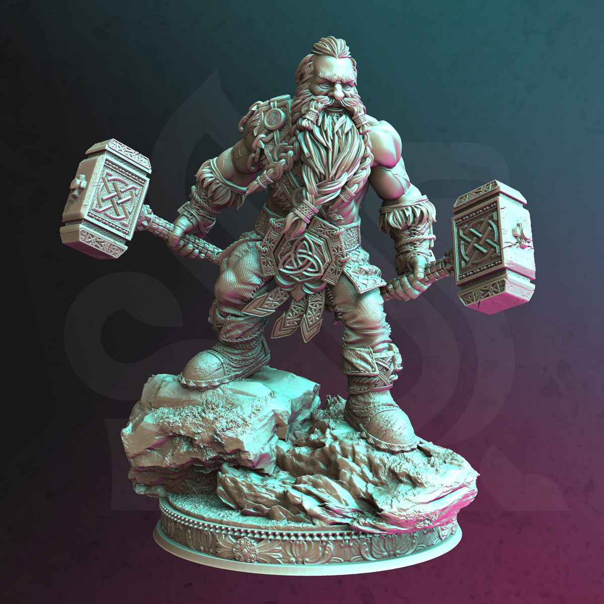 
A Barbaric Dwarf Armed with Two Powerful Hammers for DnD Dungeons and Dragons 28mm/32/38mm