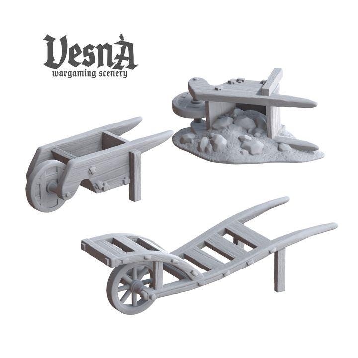 
3pc WHEELBARROWS PACK Miniatures DnD Dungeons and Dragons DnD Scatter Terrain 28mm/32mm - VS