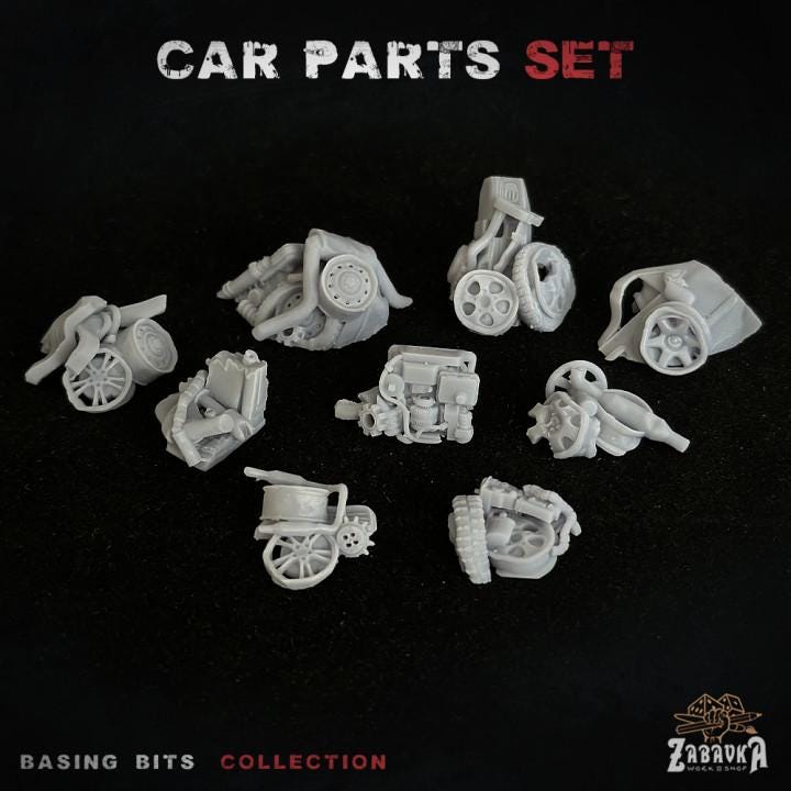 
9pc Car Parts - Basing Bits 28mm/32mm Scrapyard TTRPG Basing Materials Junkyard Mechanical Scrap Exhaust Engine Miniatures Junk ScatterZbW