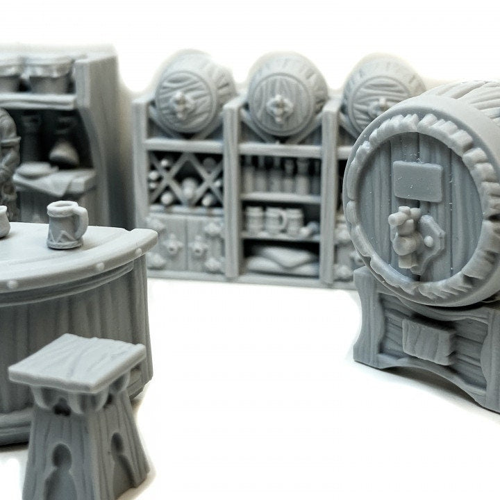 
Tavern Bar DnD Miniature Terrain for Dungeons and Dragons D&D Pathfinder 28mm 32mm Furniture  Bar Stools and Barrels