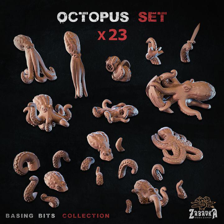 
23pc Octopus Set DnD Dungeons and Dragons 28mm/2mm TTRPG Scatter Terrain Octopus Sea creatures Basing bit Miniatures Under Water Campaigns