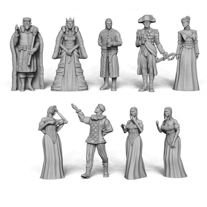
9pc Nobles Set DnD Dungeons and Dragons TTRPG Townsfolk NPCs King Miniature Fancy Figurines Palace Figurine NPCs - Fantasy Tavern District