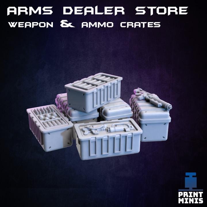 
The Arms Dealer Store 28mm/32mm Weapons Merchant TTRPG Wargame Terrain Kit Night Market Collection Basing bits Scifi Gun Shop Scenery