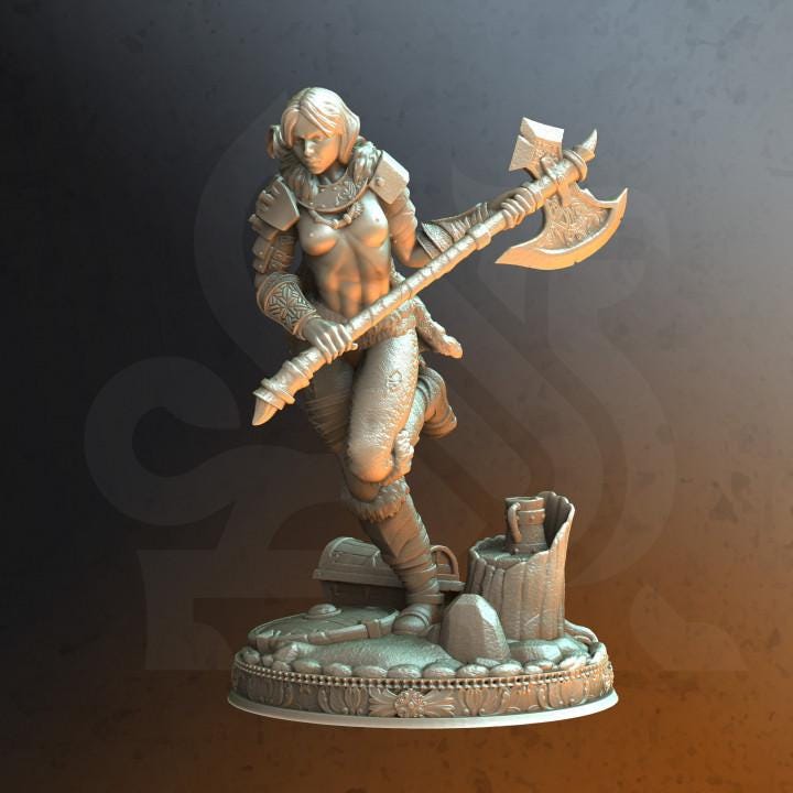 
Barbarian Pinup Dungeons and Dragons Mini RPG Tabletop Miniature DnD Painting Pathfinder 5e DnD Female Warrior Pinup Aedre the Angry - DmS