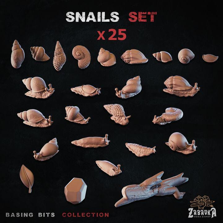 
25pc Snails - Basing Bits 28mm/32mm Whimsical Woodland Fantasy Forest Wargaming Basing Materials Gastropod Scatter Nature Scenery Elements