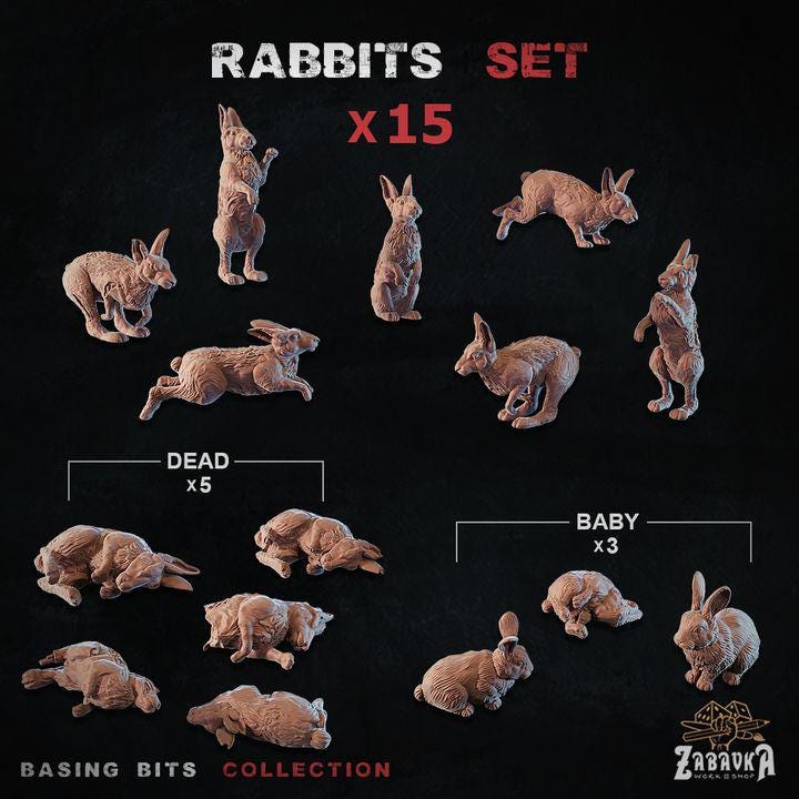 
15pc rabbits for Dungeons and Dragons 28mm/32mm Basing Bits DnD Scatter Terrain Scenery Scatter D&D TTRPG Mini Basing Material - ZbW