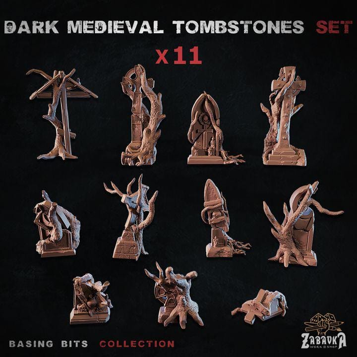 
11pc Dark Medieval Tombstones Dungeons and Dragons 28mm/32mm Basing Bits DnD Terrain Scenery Scatter D&D TTRPG Mini Basing Material - ZbW