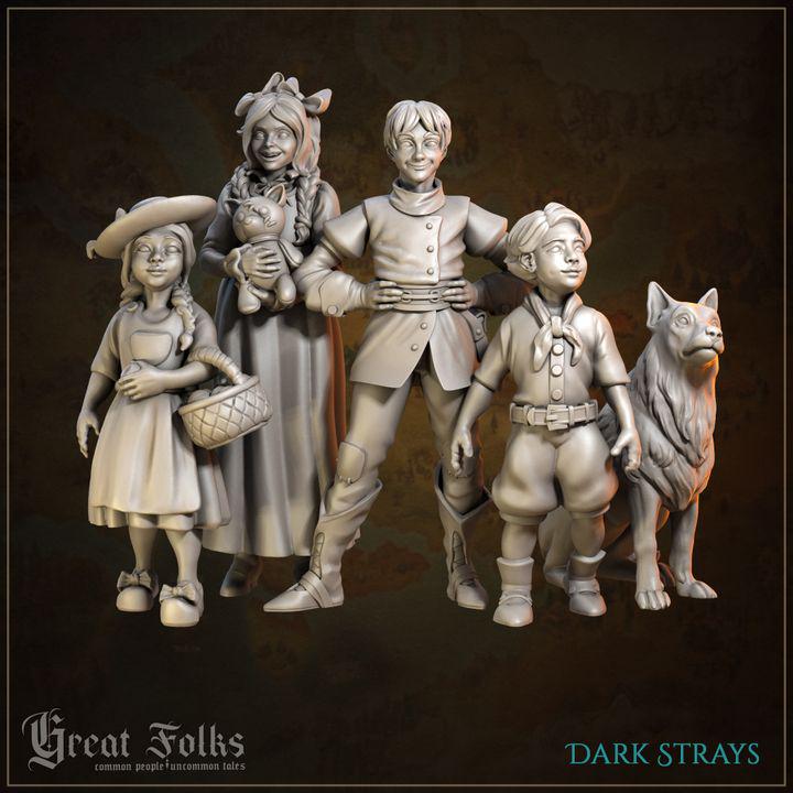 
5pc Children and Dog DnD Dungeons and Dragons 28mm/32mm Dark Strays TTRPG Townsfolk NPCs Orphan Miniatures Dog Companion for roleplaying
