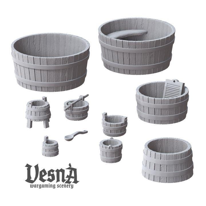 
10pc Bucket and Tubs Miniature Set for DnD Dungeons and Dragons 28mm/32mm Wooden Bucket Scatter Terrain Diorama TTRPG Minis - VS