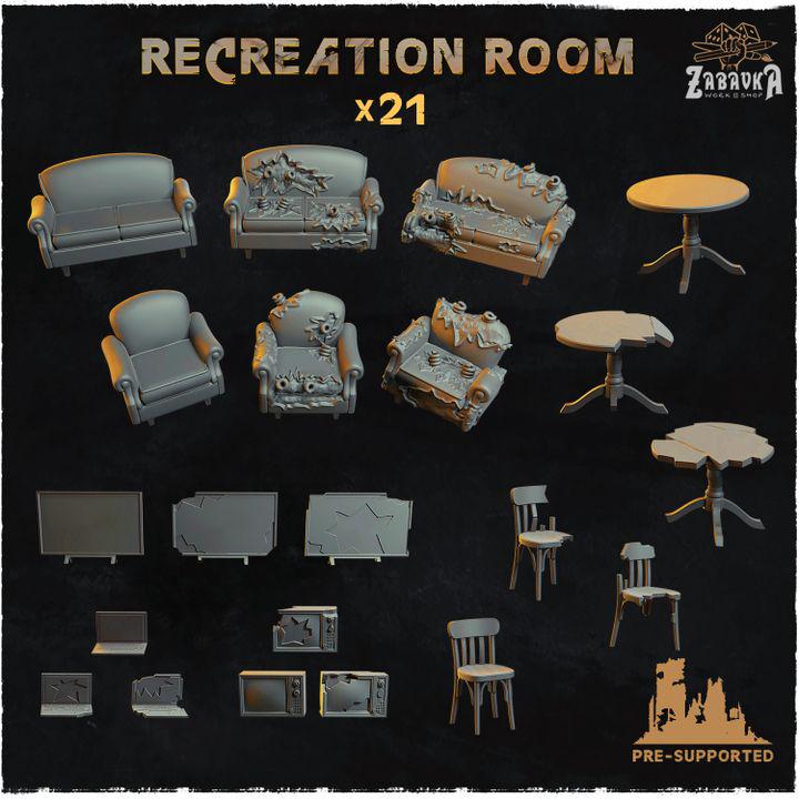 
21pc Recreation Room (Basing Bits 2.0) 28mm/32mm Scale Destroyed Furniture Scatter Dystopian Basing Materials Post-apoc Household SceneryZbW