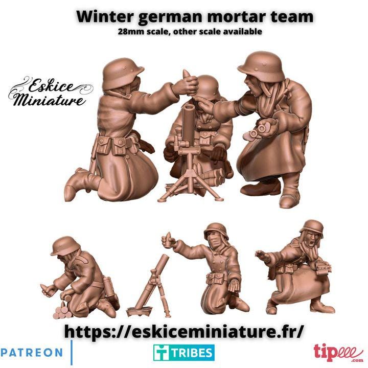 
Winter German Mortar Team WW2 – 15mm 20mm 28mm 32mm 1 35 Scale – Axis Infantry Support Unit – Eskice Miniature