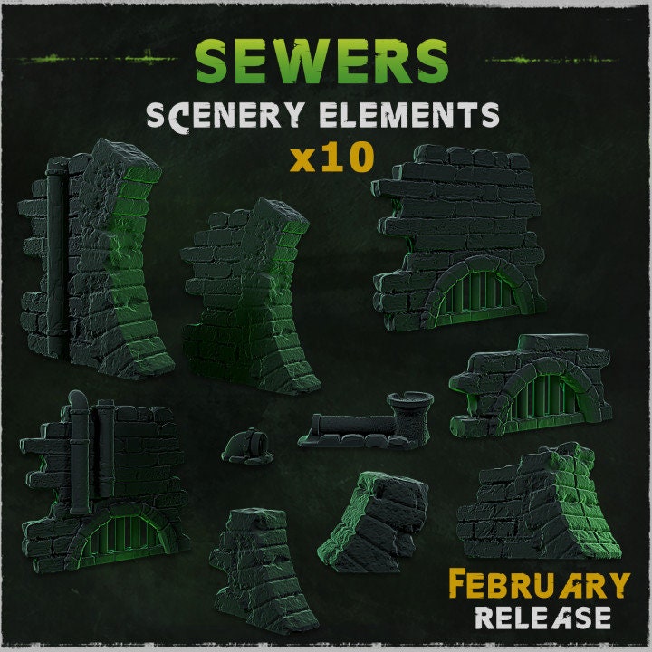 
10pc Scenery Brick Sewer Walls DnD Dungeons and Dragons 28mm/32mm Scatter Wargame basing materials TTRPG Fantasy Miniatures DioramaZbW