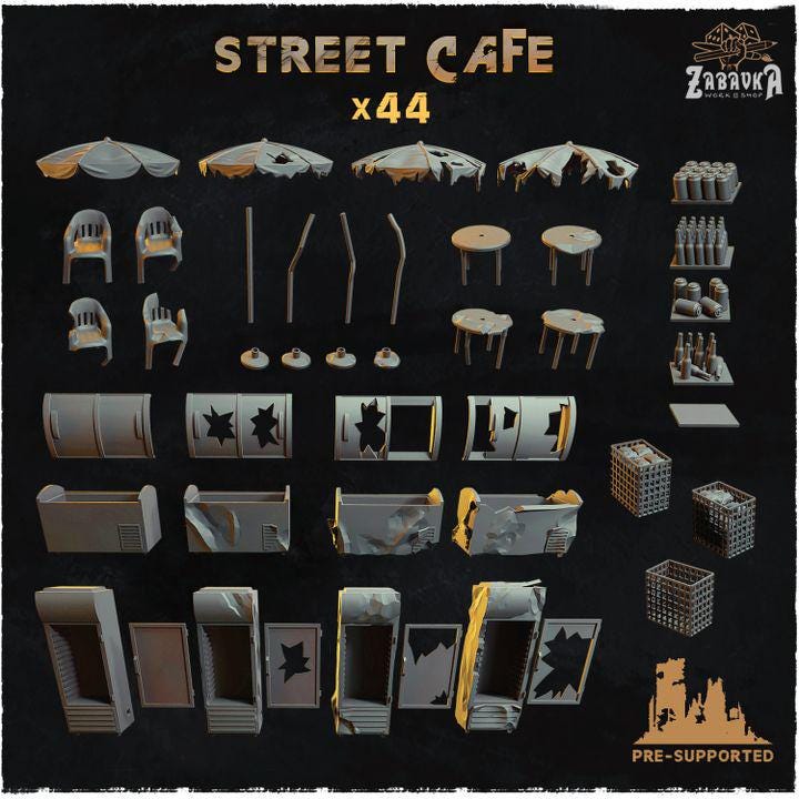 
44pc Street Cafe (Basing Bits 2.0) 28mm/32mm Scale City Infrastructure Dystopian Destroyed Cafe Umbrella, Table, and Chairs Scenery Elements