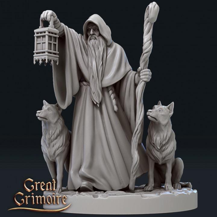 
The Hermit and their dogs Dungeons and Dragons 28mm/32mm TTRPG Mage with a Staff Druid Hermit - GG