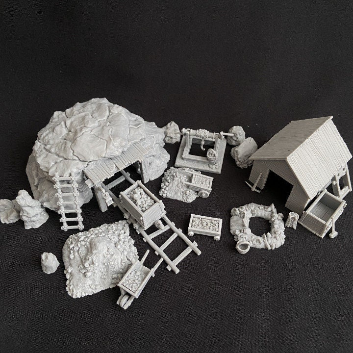 
Medieval Mine DnD Dungeons and Dragons 28mm/32mm Underground Scatter Terrain D&D Pathfinder Mine Scatter Rocks Mining Cart Ladder and more