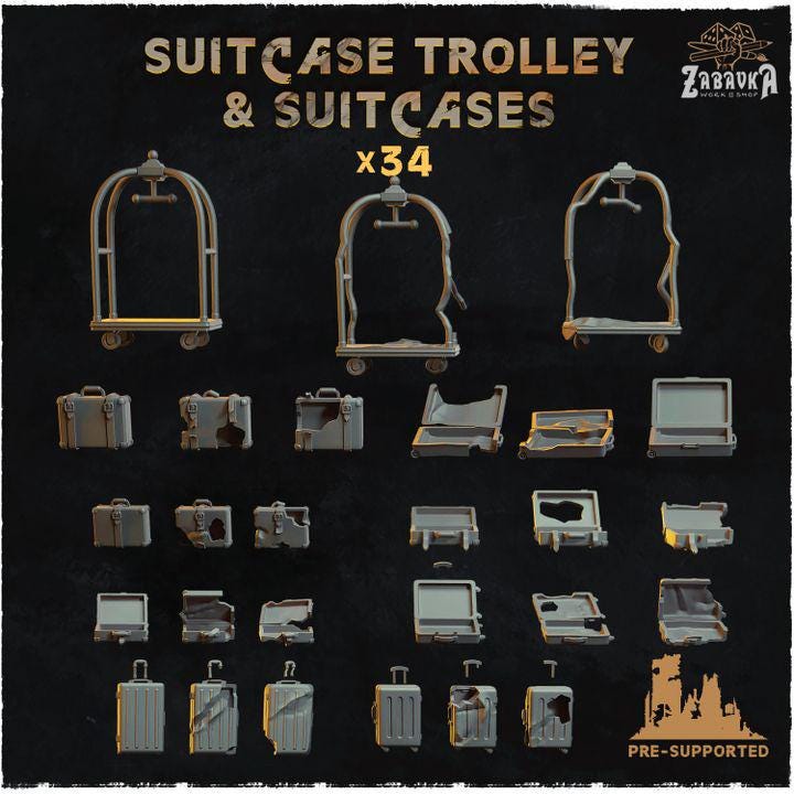 
34pc Suitcase Trolley & Suitcase Hotel Miniatures 28mm/32mm Hotel Scatter Suitcase Miniatures Dystopian Abandoned Hotel Scenery ElementsZbW