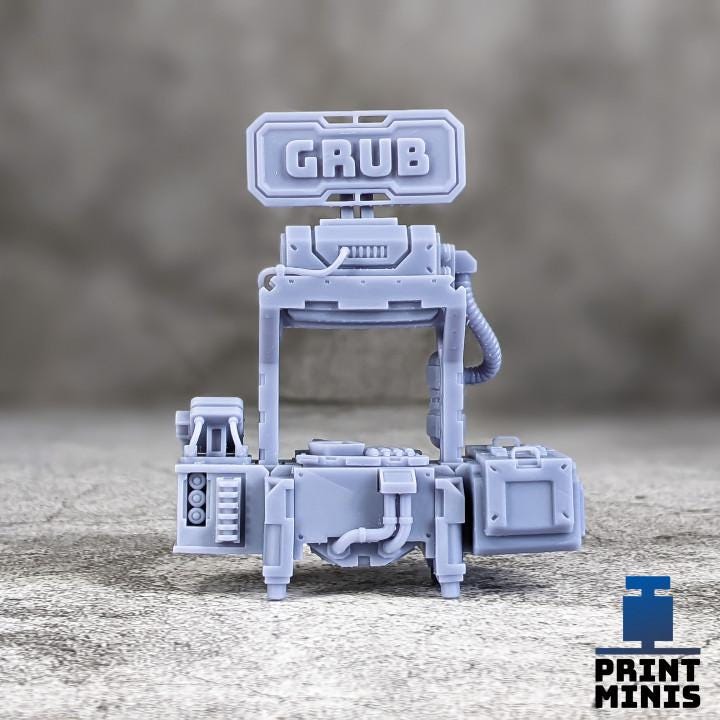 
Street Food Court 28mm/32mm Scenery Kit TTRPG Wargame Scatter Terrain Food Vendor Sci-fi Merchant Scenery Shop Scatter