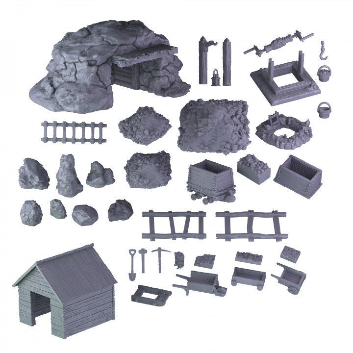 
Medieval Mine DnD Dungeons and Dragons 28mm/32mm Underground Scatter Terrain D&D Pathfinder Mine Scatter Rocks Mining Cart Ladder and more