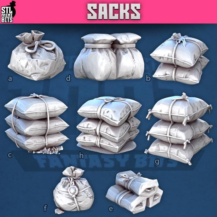
Sand bags and Sack Miniatures for Dungeons and Dragons 28mm/32mm Basing Bits DnD Terrain Scenery Scatter D&D TTRPG Mini Basing Material- STL