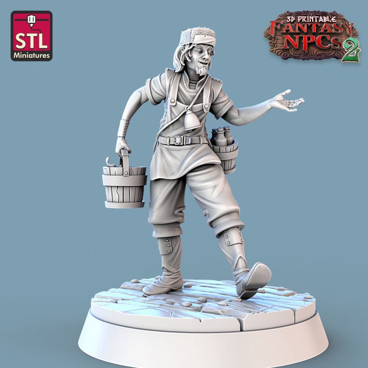 
Milk Man Set, Milk Vendor, DnD Market, Dungeons and Dragons, Cart Miniature, TTRPG Fantasy, 28mm 32mm Scale, Townsfolk, Market Stall Mini