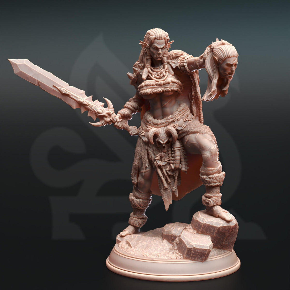 
Female Hobgoblin Armed with A Powerful Sword and The Head A Slayed Enemy or DnD Dungeons and Dragons 28mm/32/38mm