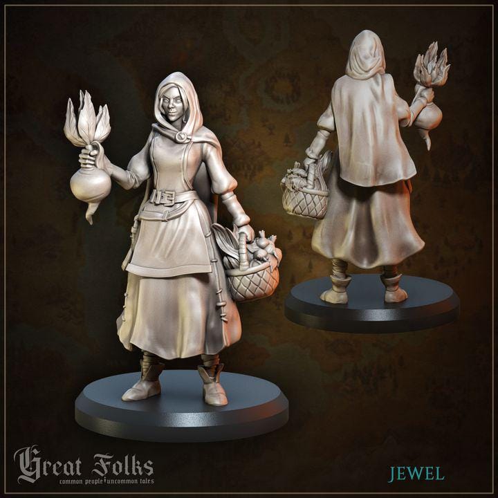 
2pc A Generous Harvest DnD Dungeons and Dragons 28mm/32mm TTRPG Miniature Female Farmer Basket and Cart Mini Scatter Terrain Townsfolk NPC