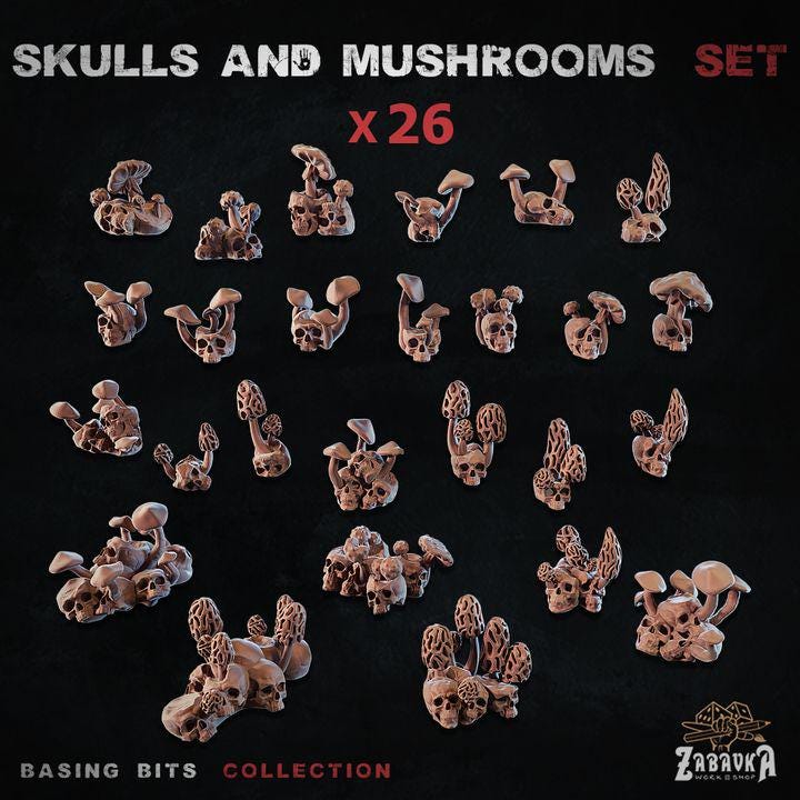 
30pc Mix of Skulls and Mushroom Miniatures for Dungeons and Dragons 28mm/32mm Basing Bits DnD Scatter Terrain Scenery D&D TTRPG - ZbW