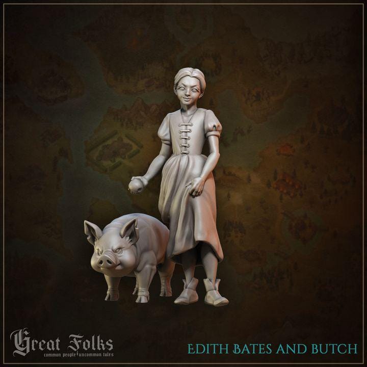 
Edith Bates DnD Dungeons and Dragons 28mm/32mm Little Girl and her Pig TTRPG Fantasy Wargame Townsfolk NPC Miniature Villager Farm Animal