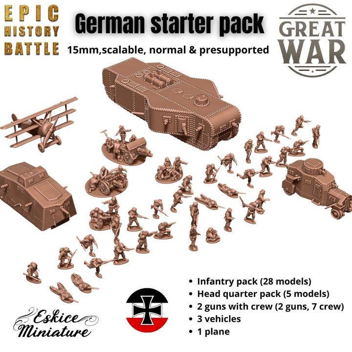 
46pc WW1 German Starter Pack – 15mm 20mm 28mm 32mm 1 35 Scale – Infantry, Vehicles & Artillery – Eskice Miniature