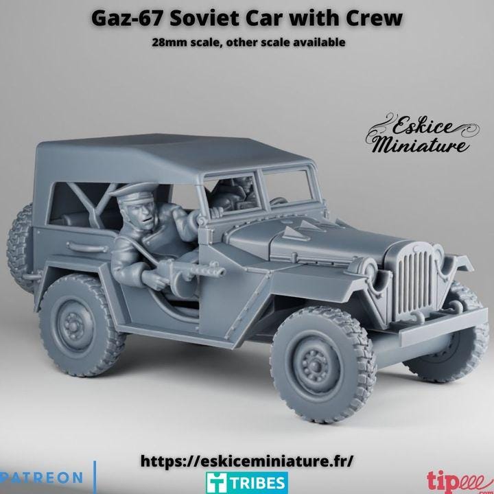 
GAZ 67 Soviet Car with Crew – 15mm 20mm 28mm 32mm 1 35 Scale – WW2 Russian Command Vehicle for Wargames – Eskice Miniature