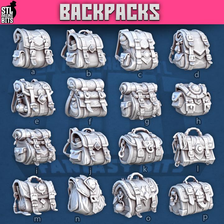 
16pc Backpack Miniature Markers for Dungeons and Dragons 28mm/32mm Basing Bits Terrain Scenery Scatter D&D TTRPG Mini Basing Material - STL