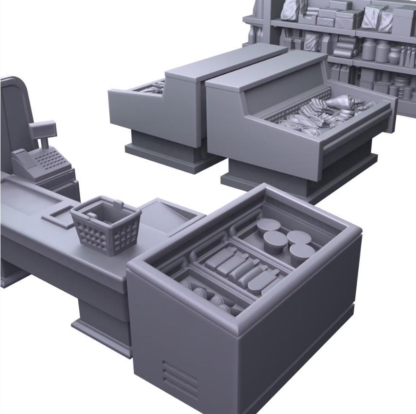 
Grocery Store Miniature Scatter Dungeons and Dragons 28mm/32mm Scatter Terrain TTRPG Fantasy Wargame Minis ATM Cashier Cart Mini Set - TF