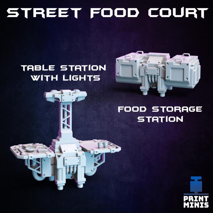 
Street Food Court 28mm/32mm Scenery Kit TTRPG Wargame Scatter Terrain Food Vendor Sci-fi Merchant Scenery Shop Scatter