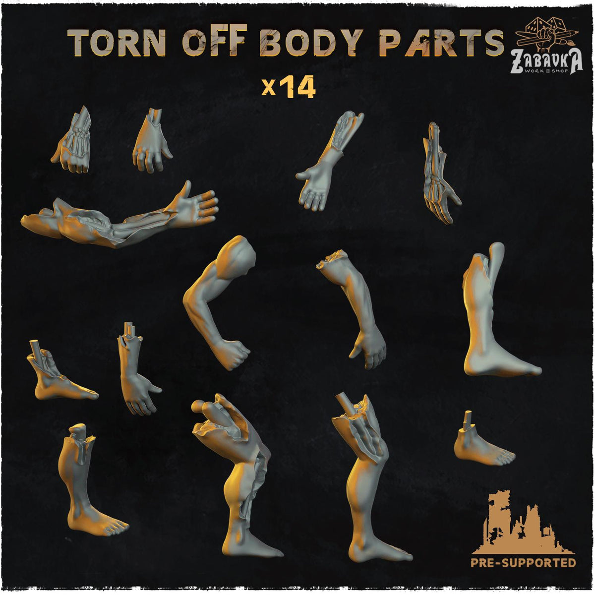 
14pc Torn Off Body Parts (Basing Bits 2.0) 28mm/32mm TTRPG Macabre Wargaming Basing Materials Corpse Limbs Battle Scatter Death Scenery 1:12
