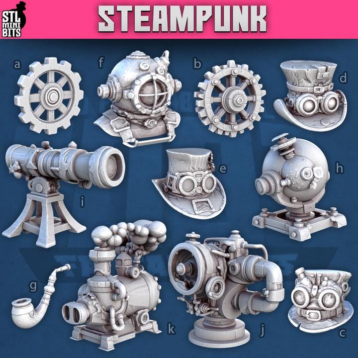 
Steampunk Miniatures for Dungeons and Dragons 28mm/32mm Basing Bits DnD Scatter Gear Terrain Scenery D&D TTRPG Mini Basing Material - STL