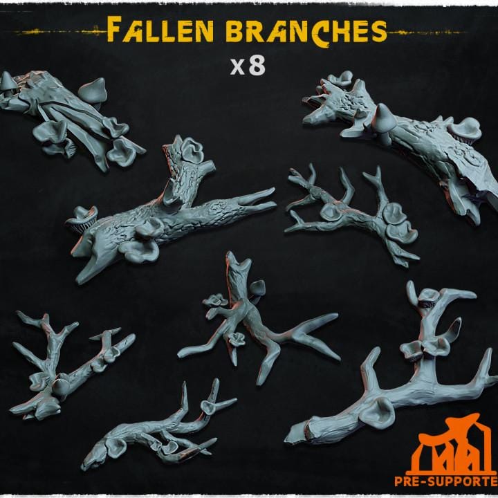 
8pc Fallen Branches (Basing Bits 1.0) 28mm/32mm TTRPG Fantasy Forest Wargame Basing Botany Scatter Fungus-infested Forest Scenery Miniatures