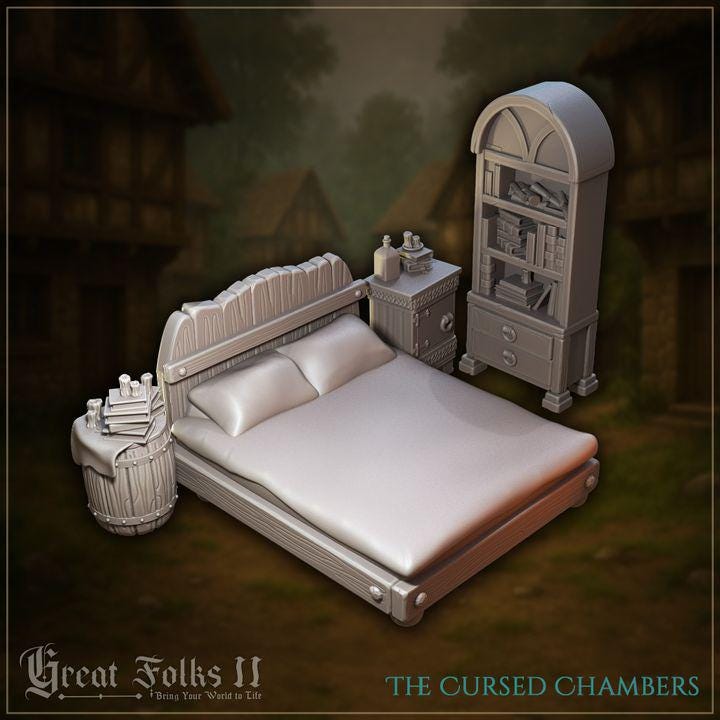 
4pc Furniture Set The Cursed Chambers Miniature for Dungeons and Dragons 28mm/32mm TTRPG Mini Tavern Furniture bed bookshelf barrel - GG