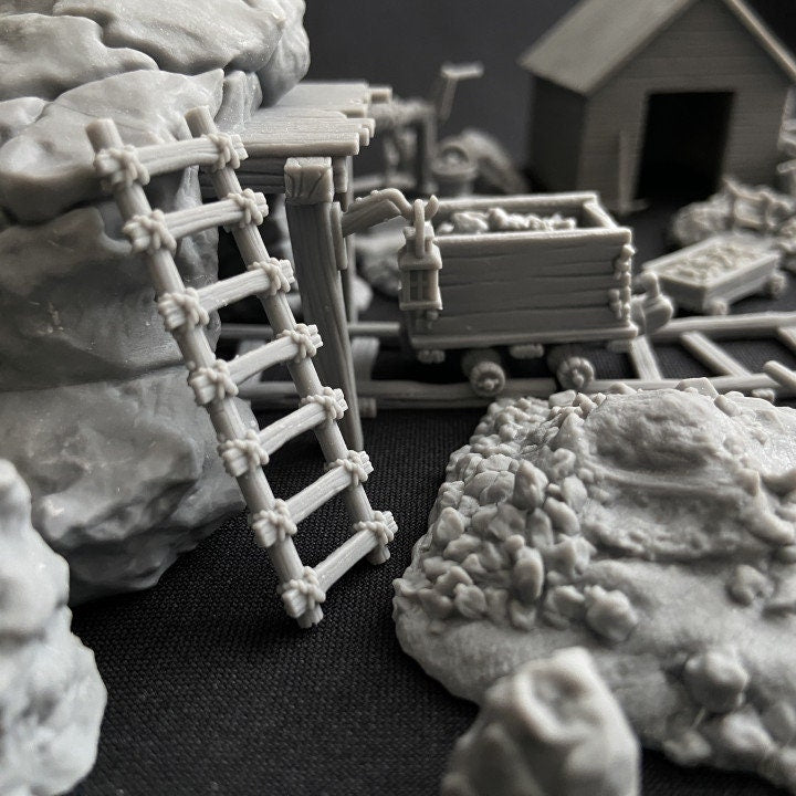 
Medieval Mine DnD Dungeons and Dragons 28mm/32mm Underground Scatter Terrain D&D Pathfinder Mine Scatter Rocks Mining Cart Ladder and more