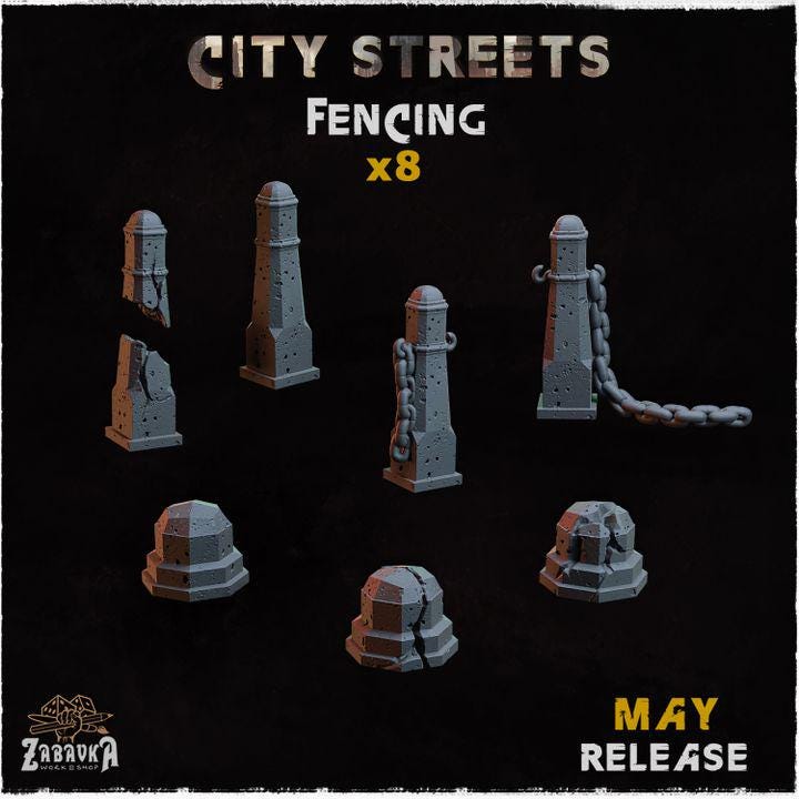 
8pc Fencing - Basing Bits (City Streets) 28mm/32mm Urban Battlefield Basing Dystopian Wargaming Asphalt City Railing Scenery ElementsZbW