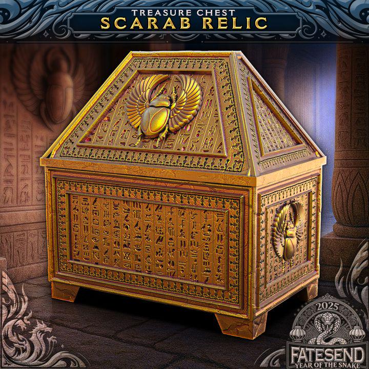 
Scarab Relic Treasure Chest – Fantasy Egyptian Storage Box Dice Vault Jewelry Keepsake Chest Tabletop Decor, FatesEnd