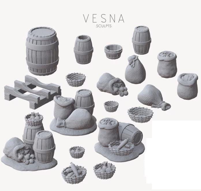 
Barrels DnD Dungeons and Dragons 28mm/32mm Beer Barrel Miniature Scatter Terrain Sacks and baskets Fantasy RPG Miniature Terrain