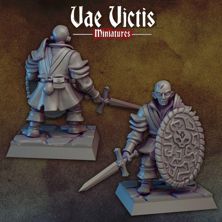 
Man at arm mercenary for DnD Dungeons and Dragons 28mm/32mm Scale TTRPG Wargame Warrior Sword and Shield Fighter Injured Warrior