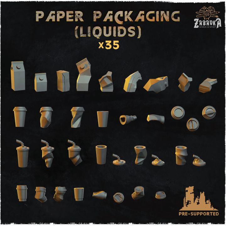 
35pc Paper Packaging - Liquids (Basing Bits 2.0) 28mm/32mm Scale TTRPG Scatter Terrain Basing Materials Garbage MiniaturesZbW